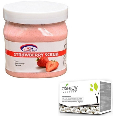 

Pink Root SHEA STRAWBERRY SCRUB 500GM WITH OXYGLOW PEARL BLEACH 50GM(Set of 2)