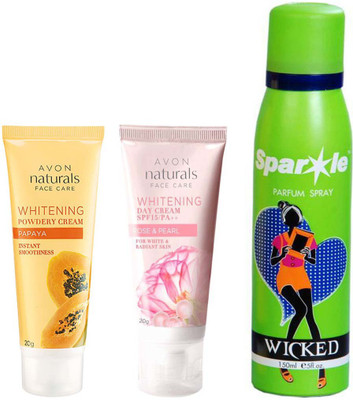 

Avon Anew Rose and pearl Naturals face care whitening day cream SPF 15 \ PA ++ 20 g and one papaya whitening powdery cream 20g with one sparkle perfume 150 ml(Set of 3)