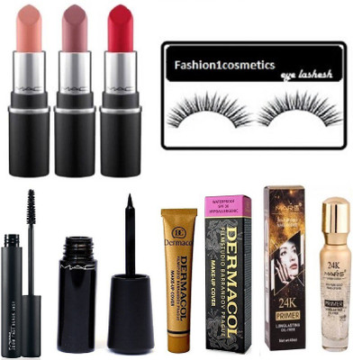 

fashion1cosmetics Combo Best Eyelashes, With & Dermacol ,prep+prime,oil free primer and mascara,eyeliner with long lasting matte lipstick(Set of 9)