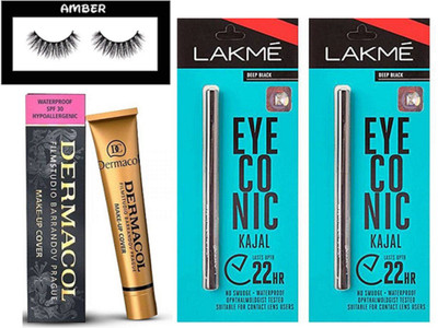 

Amber Eyelashes, Dermacol make up cover foundation, Lakme eye conic kajal pack of 2(Set of 4)