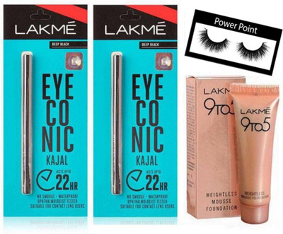 

powerpoint Eyelahses With Lakme Eyeconic Kajal pack of 2 With 9to5 Mousse Foundation(Set of 4)
