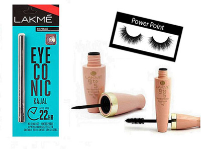 

powerpoint Eyelashes, Lakme eyeconic deep black kajal, 9 to 5 eyeliner and mascara(Set of 4)