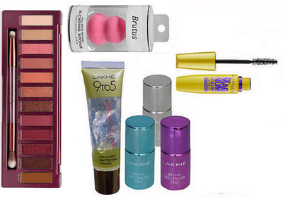 

brutus Spongy puff, Maybelline the mag num mascara, Lakme 9to5 infallible mattyfying primer, mirror nail paint pack of 3, Naked urban decay cherry eye shadow palette(Set of 7)