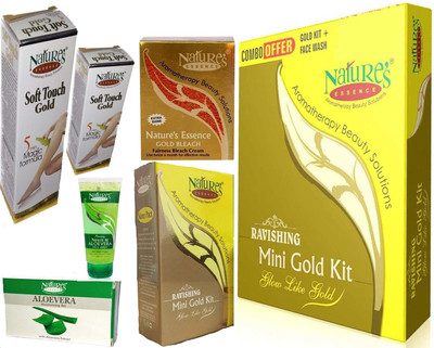 

Nature's Facial Gold Kit 112g, Gold kit 34g, Gold Bleach 43g, Soft Touch Gold 50g, Soft Touch Gold 30g, Aloevera Soap 75g, Neem & Aloevera Face Wash 20ml(Set of 7)