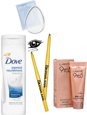 

pink palace Silicon puff, Dove body lotion, Maybelline colossal k (pack of 2), Lakme 9to5 weightless mousse foundation(Set of 5)