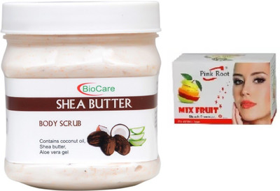 

Pink Root MIX FRUIT BLEACH 43G WITH BIOCARE SHEA BUTTER BODY SCRUB 500G(Set of 2)