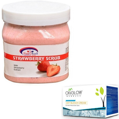 

Pink Root SHEA STRAWBERRY SCRUB 500GM WITH OXYGLOW OXY BLEACH 50GM(Set of 2)