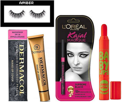 

Amber Eyelashes, Dermacol make up cover foundation, L'oreal paris kajal, Maybelline candy wow lip balm(Set of 4)