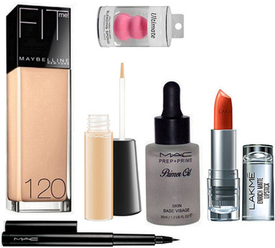 

Ultimate Sponge Puff, Maybelline New York Fit Me 120 Foundation, Ma Pen Eyeliner, Prep+Prime Primer Oil, Concealer & Lakme Inrich Lipstick(Set of 6)