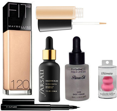 

Ultimate Sponge Puff, Maybelline New York Fit Me 120 Foundation, Ma Pen Eyeliner, Prep+Prime Primer Oil, Concealer, Farsali(Set of 6)