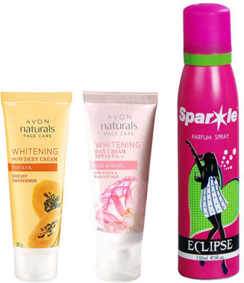 

Avon Anew Rose And Pearl Naturals face care whitening day cream SPF 15 \ PA ++ Rose and pearl 20 g and one Papaya whitening powdery cream 20 g with sparkle 150 ml(Set of 3)