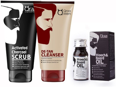 

QRAA D-TAN CLEANSER FOR MEN 100GM + ACTIVATED CHARCOAL SCRUB 100GM + MOOCH AND BEARD OIL 30ML(Set of 3)