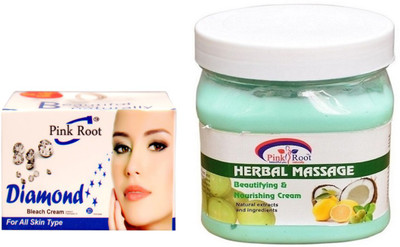 

Pink Root HERBAL MASSAGE CREAM 500GM WITH DIAMOND BLEACH 50GM(Set of 2)