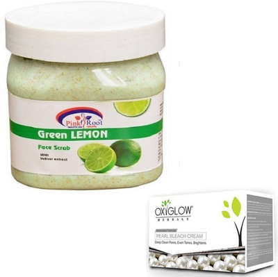 

Pink Root GREEN LEMON SCRUB 500GM WITH OXYGLOW PEARL BLEACH 50GM(Set of 2)