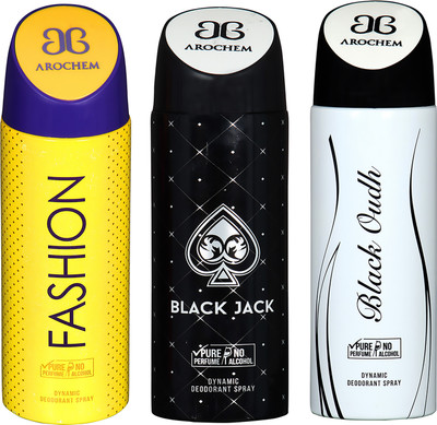 

AROCHEM FASHION , BLACK JACK AND BLACK OUDH DYNAMIC PURE ORIGINAL Deodorant Spray - For Men & Women(200 ml, Pack of 3)
