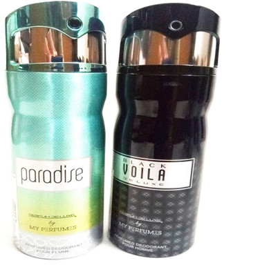 

PARFUMDELUXE PARADISE AND BLACK VOILA DELUXE Deodorant Spray - For Men & Women(400 ml, Pack of 2)
