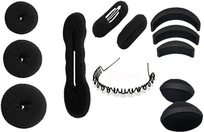 

GadinFashion Combo Of 6 Hair Accessories - 3 Donuts 1 Magic Puff 1 Volumizer 1 Banana Bumpit 1 Tictac Puff 1 Zig Zacg Hair Band Hair Accessory Set(Black)