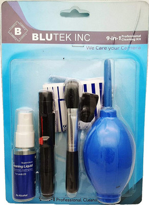 blutek New Professional Clean Pro 9 IN 1 Multi-Purpose Cleaning Kit for Cameras, Lenses, Binoculars, LCD, Laptops, Desktops, Keyboards, etc, Includes Micro-Fibre Cloth, Brush, Liquid Solution, Powerful Dust Blower, Cotton Swabs, Magic Lenspen & Cleaning Tissue  Lens Cleaner(20 ml, 4x4 inch, Pack of 