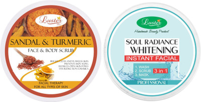 

Luster Sandal & Turmeric Face & Body Cream Scrub + Soul Radiance Instant Facial 3 in 1-Wash,Mask & Scrub(400 g)