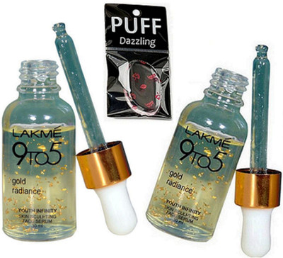 

Dazzling Silicon Puff & Lakme 9 to 5 Gold Radiance Face Serum (pack of 2)(Set of 3)