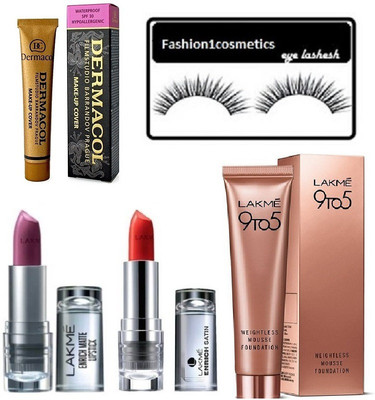 

fashion1cosmetics Combo of Eyelashes, With & Dermacol ,9 to 5 Foundation with long lasting matte lipstick(Set of 5)