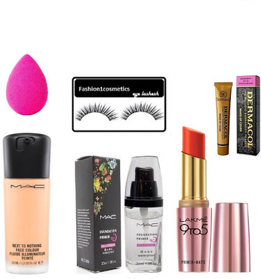 

FASHION1COSMETICS Combo of face foundation primer,dermacol,next to nothing foundation,powder puff,primer+matte lipstick with eyelashes(Set of 6)