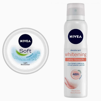 

Nivea Soft light Moisturizer (300 ml) & Whitening Talc Touch Deodrant Spray - For Women (150 ml)(Set of 2)