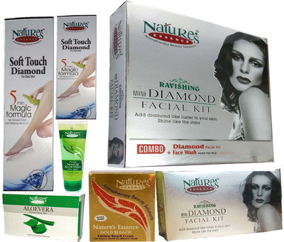 

Nature's Facial Diamond Kit 112g, Diamond kit 34g, Gold Bleach 43g, Soft Touch Diamond 50g, Soft Touch Diamond 30g, Aloevera Soap 75g, Neem & Aloevera Face Wash 20ml(Set of 7)