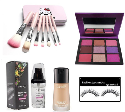 

FASHION1COSMETICS combo of foundation primer,multicolor eyeshadow,mineralize foundation,pink kitty brush with eyelashes(Set of 11)