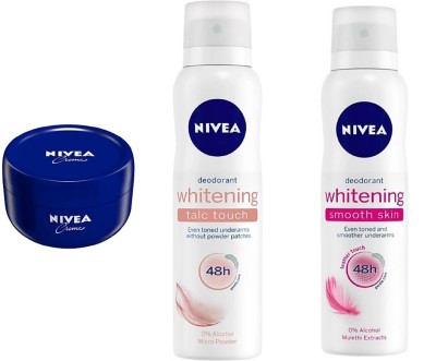 

Nivea Creme (200 ML) , Whitening smooth skin deo (150 ML) & Whitening talc touch deo (150 ML)(Set of 3)