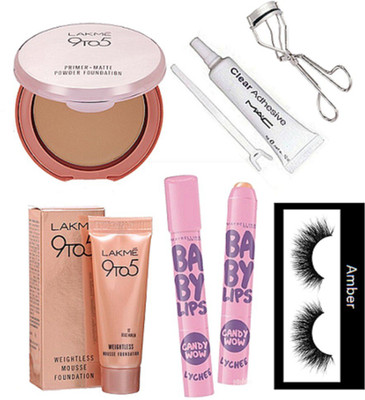 

Amber Eyelashes, Maybelline candy wow lip balm 2, Eyelashes glue, Eyelashes curler, Lakme 9to5 weightless mousse foundation, primer matte powder compact(Set of 7)