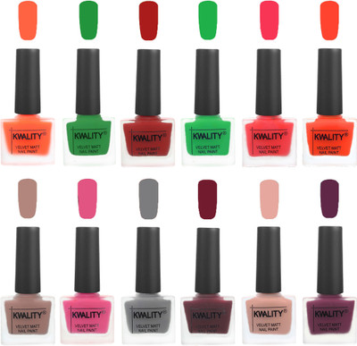 

Kwality Nail Paints | Nail Polish| Nail Paint Combo Set of 12 Carrot Orange-Dark Green-Red-Green-Pink Mania-Candy Orange-Salmon Run-Pink -Grey-Maroon-Salmon Pink-Purple(Pack of 12)