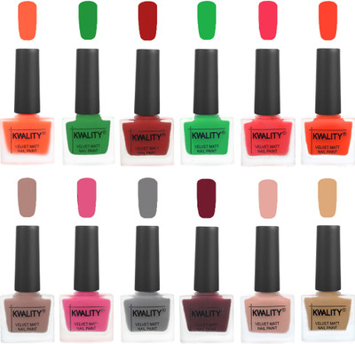 

Kwality Nail Paints | Professional Nail Polish| Nail Paint Combo Set of 12 Carrot Orange-Dark Green-Red-Green-Pink Mania-Candy Orange-Salmon Run-Pink -Grey-Maroon-Salmon Pink-Beige(Pack of 12)