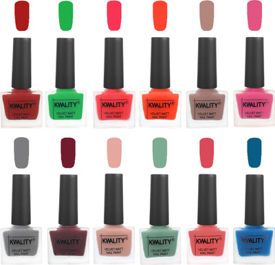Kwality Nail Paints | Nail Polish| Nail Paint Combo Set of 12 Red-Green-Pink Mania-Candy Orange-Salmon Run-Pink -Grey-Maroon-Salmon Pink-Mischievous Mint-Baby Pink-Peacock Blue(Pack of 12)