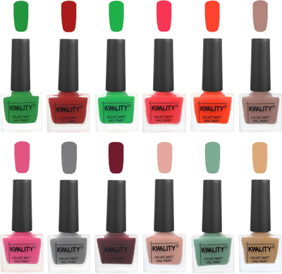

Kwality Nail Paints | Professional Nail Polish| Nail Paint Combo Set of 12 Dark Green-Red-Green-Pink Mania-Candy Orange-Salmon Run-Pink -Grey-Maroon-Salmon Pink-Mischievous Mint-Beige(Pack of 12)