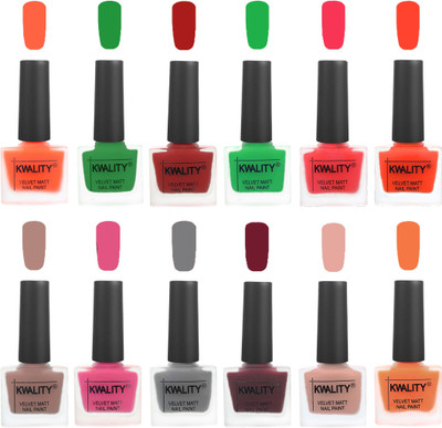 

Kwality Nail Paints | Nail Polish| Nail Paint Combo Set of 12 Carrot Orange-Dark Green-Red-Green-Pink Mania-Candy Orange-Salmon Run-Pink -Grey-Maroon-Salmon Pink-Peach(Pack of 12)
