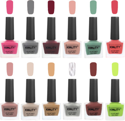 Kwality Nail Paints | Nail Polish| Nail Paint Combo Set of 12 Pink -Grey-Maroon-Salmon Pink-Mischievous Mint-Baby Pink-Salmon-Light Beige-Beige-Silver-Dark Tan-Light Lemon Green(Pack of 12)