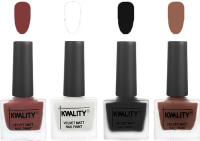 

Kwality Nail Paints | Velvet Matte Nail Polish Combo Dark Tan,White,Black,Shock Brown(Pack of 4)