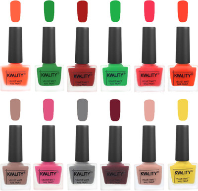 

Kwality Nail Paints | Professional Nail Polish| Nail Paint Combo Set of 12 Carrot Orange-Dark Green-Red-Green-Pink Mania-Candy Orange-Salmon Run-Pink -Grey-Maroon-Salmon Pink-Yellow(Pack of 12)