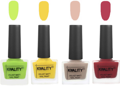

Kwality Nail Paints | Velvet Matte Nail Polish Combo Light Lemon Green,Yellow,Light Baby Nude,Rani Pink(Pack of 4)