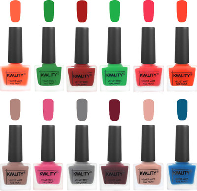 

Kwality Nail Paints | Professional Nail Polish| Nail Paint Combo Set of 12 Carrot Orange-Dark Green-Red-Green-Pink Mania-Candy Orange-Salmon Run-Pink -Grey-Maroon-Salmon Pink-Peacock Blue(Pack of 12)