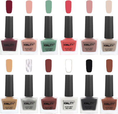 Kwality Nail Paints | Nail Polish| Nail Paint Combo Set of 12 Maroon-Salmon Pink-Mischievous Mint-Baby Pink-Salmon-Light Beige-Beige-Silver-Dark Tan-White-Black-Brown(Pack of 12)