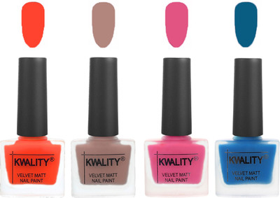 

Kwality Nail Paints | Velvet Matte Nail Polish Combo Candy Orange,Salmon Run,Pink Mania,Peacock Blue(Pack of 4)