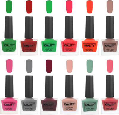

Kwality Nail Paints | Professional Nail Polish| Nail Paint Combo Set of 12 Dark Green-Red-Green-Pink Mania-Candy Orange-Salmon Run-Pink -Grey-Maroon-Salmon Pink-Mischievous Mint-Nude Pink(Pack of 12)