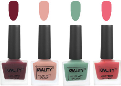 

Kwality Nail Paints | Velvet Matte Nail Polish Combo Maroon,Salmon Pink,Mischievous Mint,Nude Pink(Pack of 4)