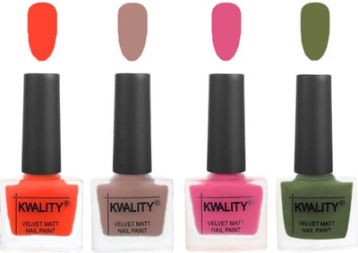 

Kwality Nail Paints | Velvet Matte Nail Polish Combo Candy Orange,Salmon Run,Pink Mania,Olive Green(Pack of 4)