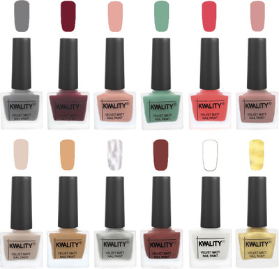 

Kwality Nail Paints | Nail Polish| Nail Paint Combo Set of 12 Grey-Maroon-Salmon Pink-Mischievous Mint-Baby Pink-Salmon-Light Beige-Beige-Silver-Dark Tan-White-Golden(Pack of 12)