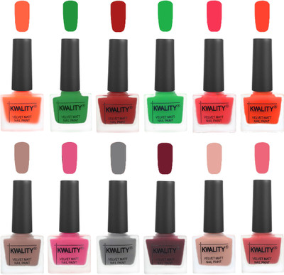 

Kwality Nail Paints | Nail Polish| Nail Paint Combo Set of 12 Carrot Orange-Dark Green-Red-Green-Pink Mania-Candy Orange-Salmon Run-Pink -Grey-Maroon-Salmon Pink-Nude Pink(Pack of 12)