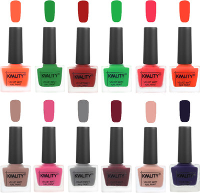 

Kwality Nail Paints | Professional Nail Polish| Nail Paint Combo Set of 12 Carrot Orange-Dark Green-Red-Green-Pink Mania-Candy Orange-Salmon Run-Pink -Grey-Maroon-Salmon Pink-Royal Blue(Pack of 12)