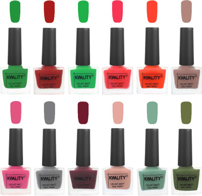 

Kwality Nail Paints | Professional Nail Polish| Nail Paint Combo Set of 12 Dark Green-Red-Green-Pink Mania-Candy Orange-Salmon Run-Pink -Grey-Maroon-Salmon Pink-Mischievous Mint-Olive Green(Pack of 12)